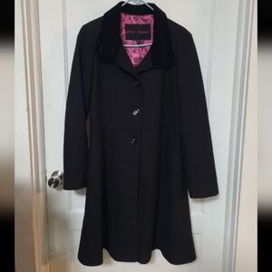 Betsey Johnson Black PeaCoat with Pink Lining Trench Wool Blend Luxury 14